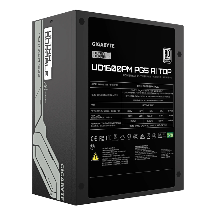 Napajanje GIGABYTE UD1600PM PG5 AI TOP (1600 W, 80 PLUS Platinum, potpuno modularno, 140 mm hlađenje, Zero RPM način rada)-2