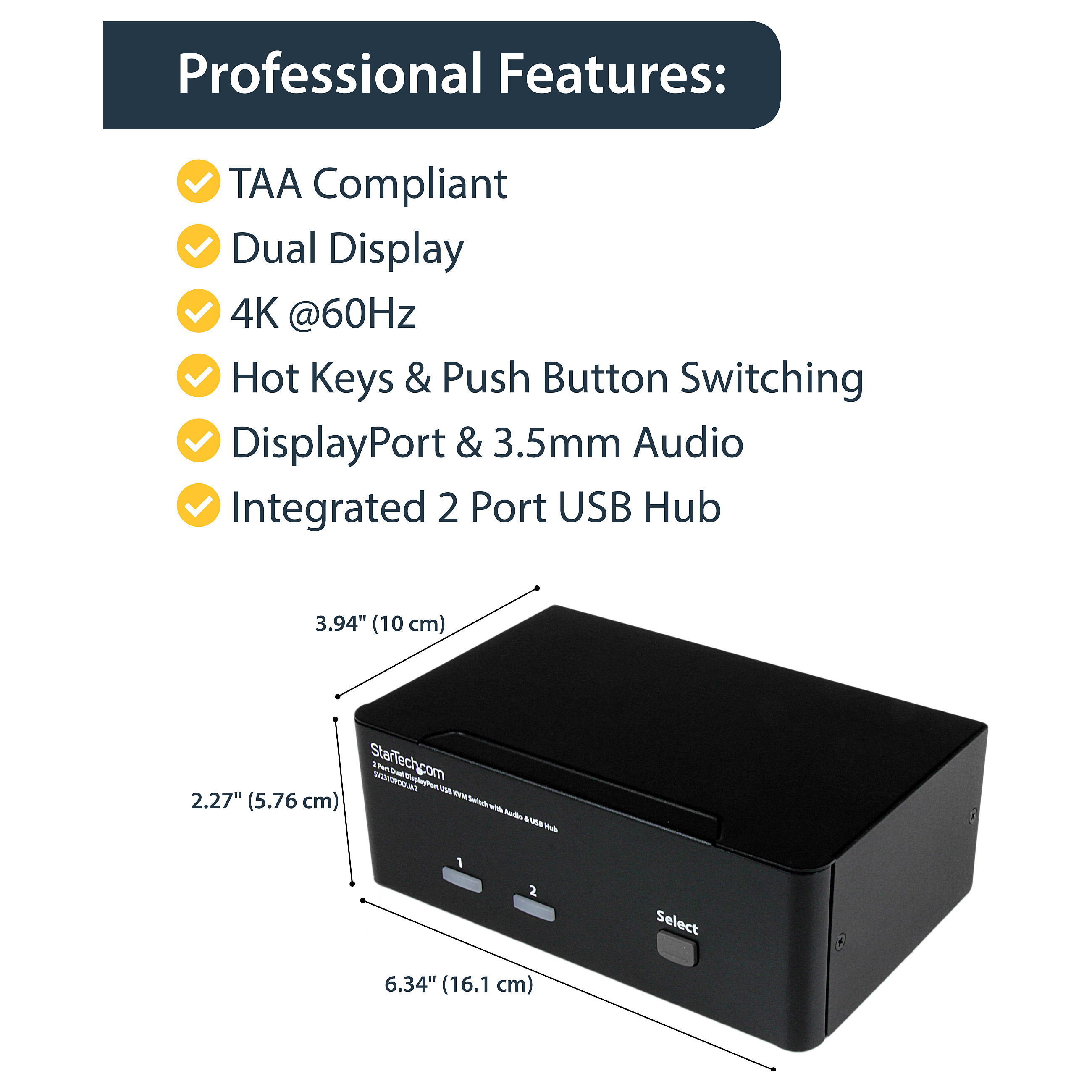 KVM preklopnik STARTECH.COM SV231DPDDUA2 (2-portni, Dual DisplayPort, 4K 60Hz, USB Hub, Audio)-9