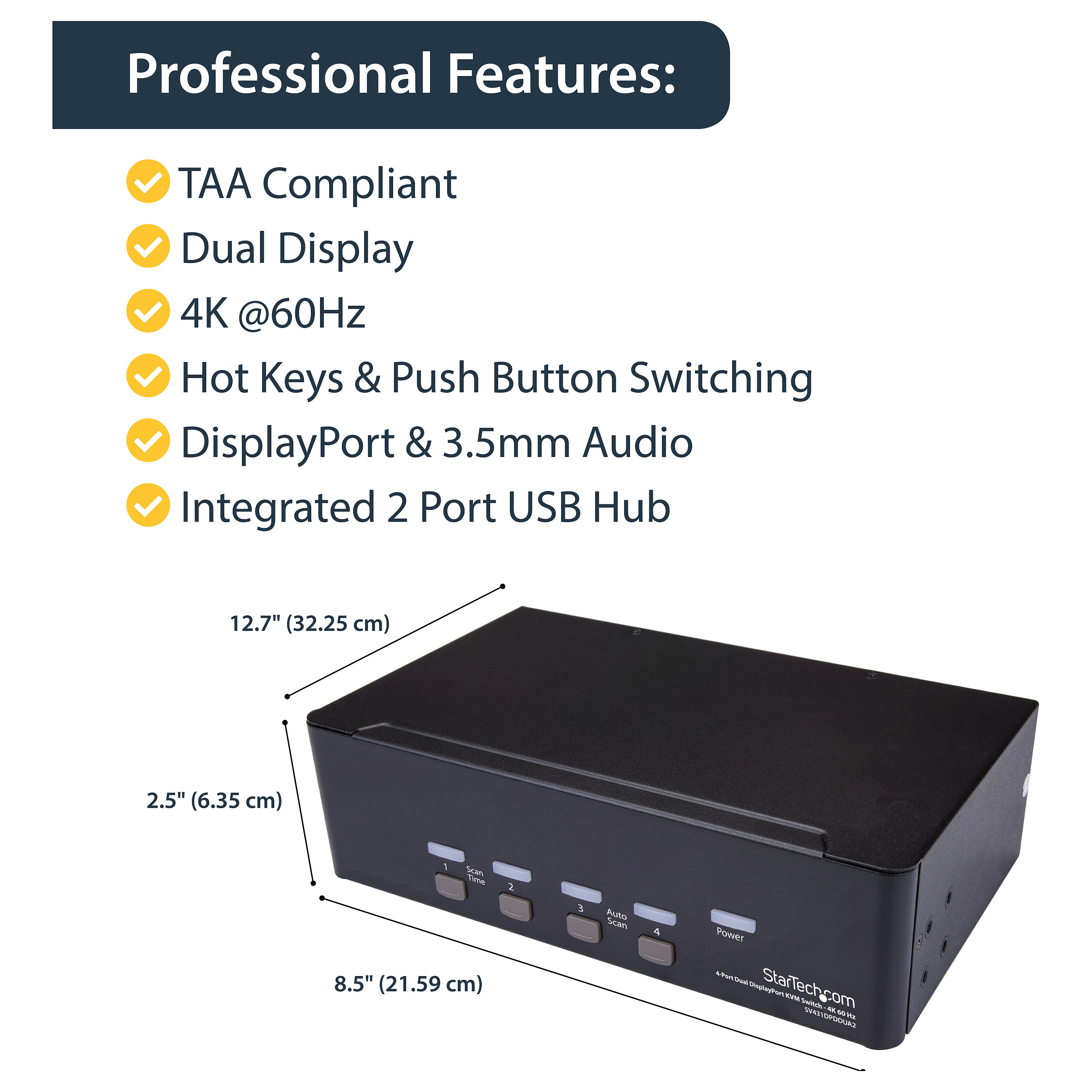 KVM Preklopnik STARTECH.COM SV431DPDDUA2 (4-portni, Dual DisplayPort, 4K 60Hz, USB Hub, Audio)-11