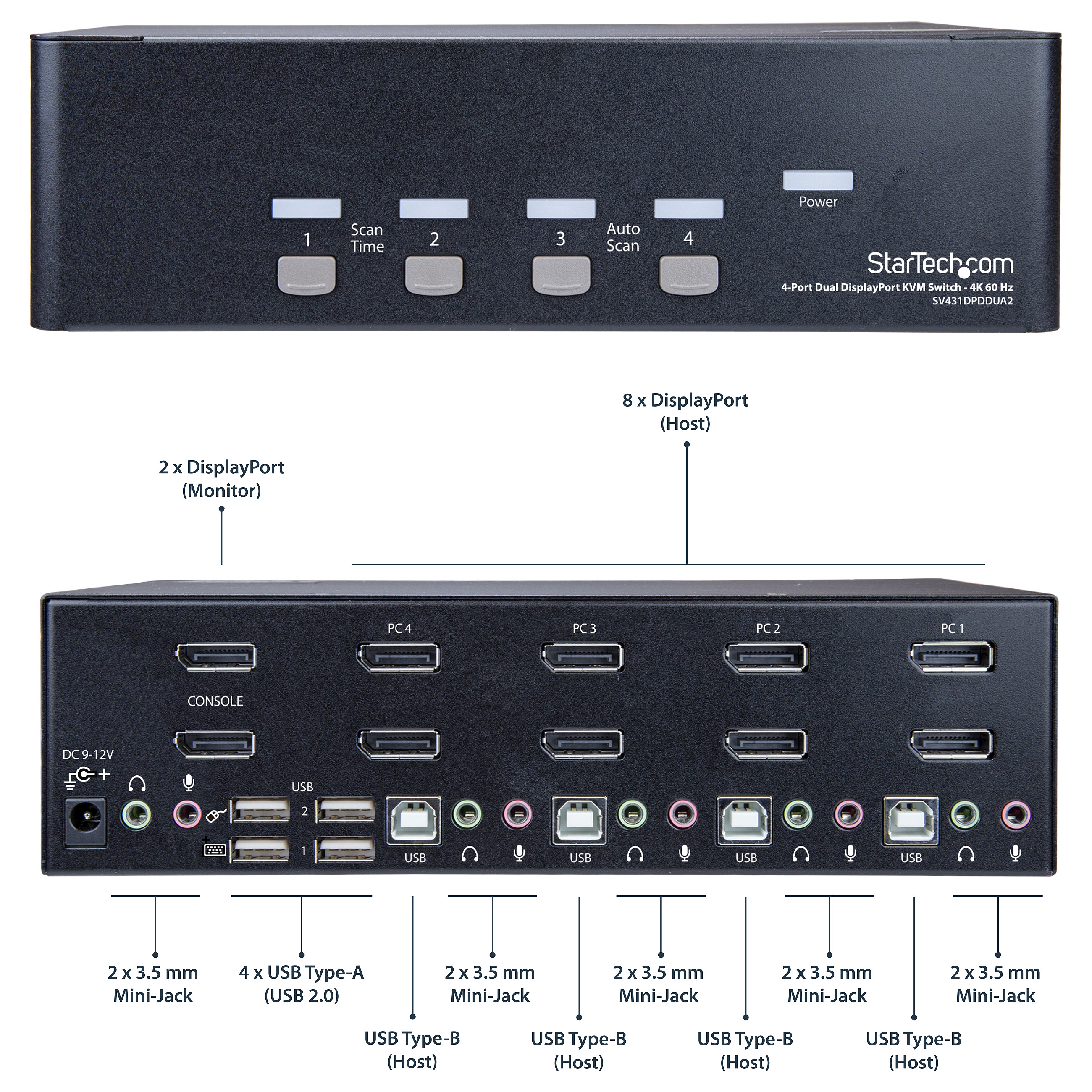 KVM Preklopnik STARTECH.COM SV431DPDDUA2 (4-portni, Dual DisplayPort, 4K 60Hz, USB Hub, Audio)-13