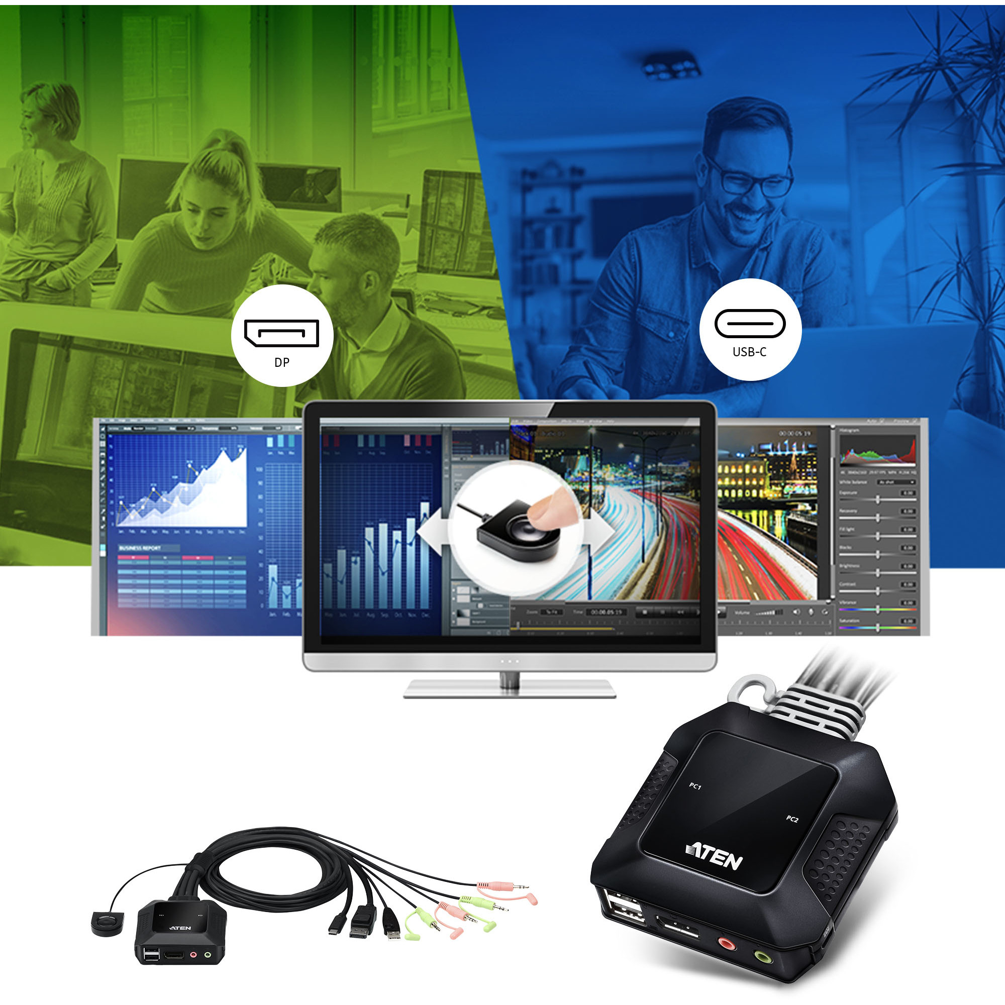 Kabel KVM Switch ATEN 2P USB-C DP Hybrid CS52DP-4