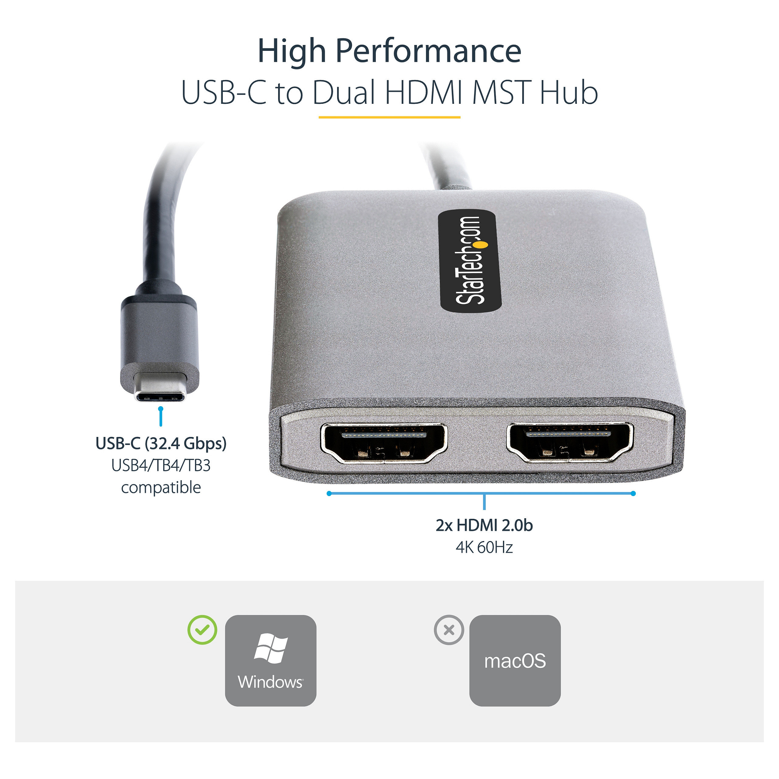 USB-C na dvostruki HDMI MST HUB STARTECH.COM (dvostruki HDMI 4K 60Hz, USB Type C višemonitorski adapter za prijenosno računalo s dužinom:1ft (30cm) kabelom ,-19