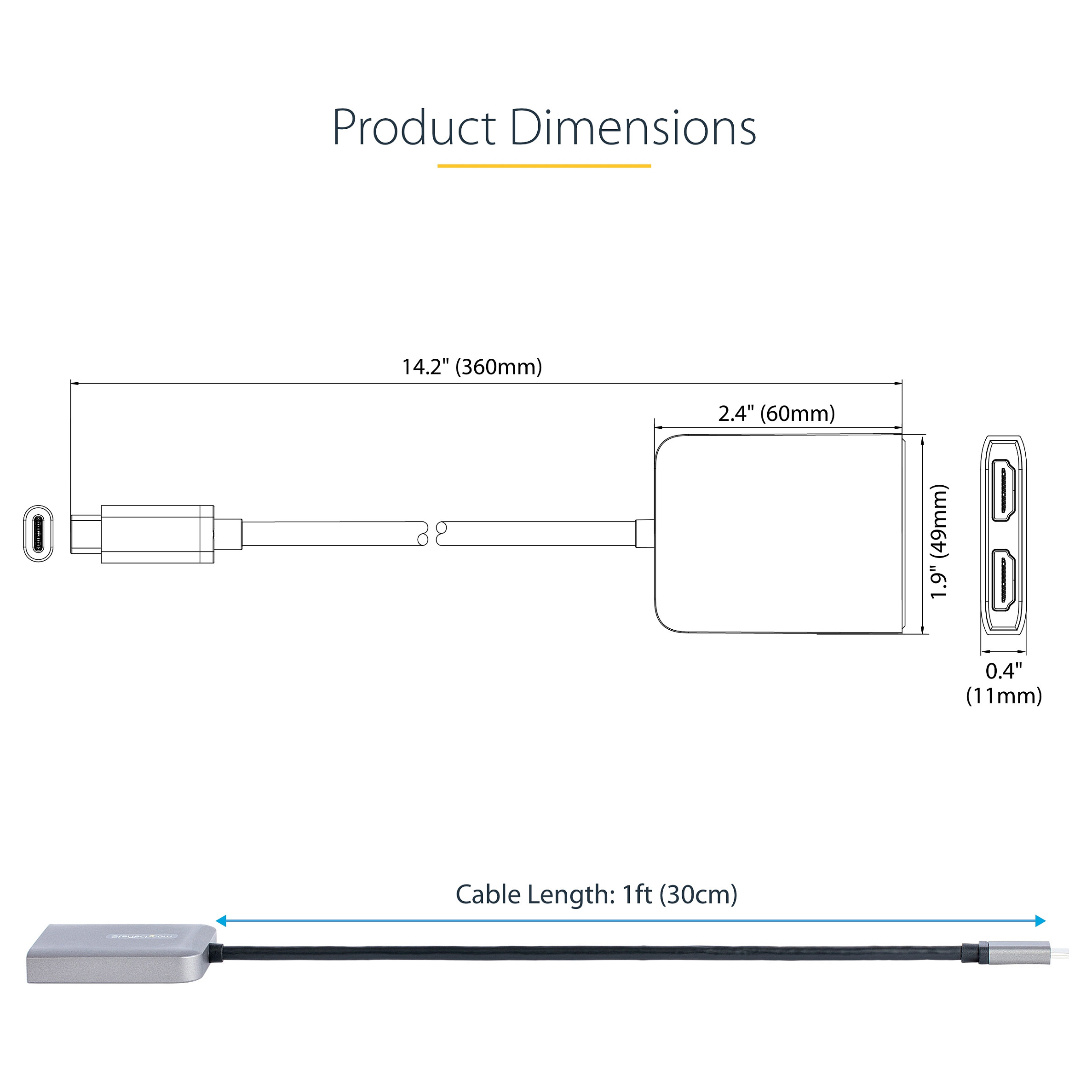 USB-C na dvostruki HDMI MST HUB STARTECH.COM (dvostruki HDMI 4K 60Hz, USB Type C višemonitorski adapter za prijenosno računalo s dužinom:1ft (30cm) kabelom ,-20