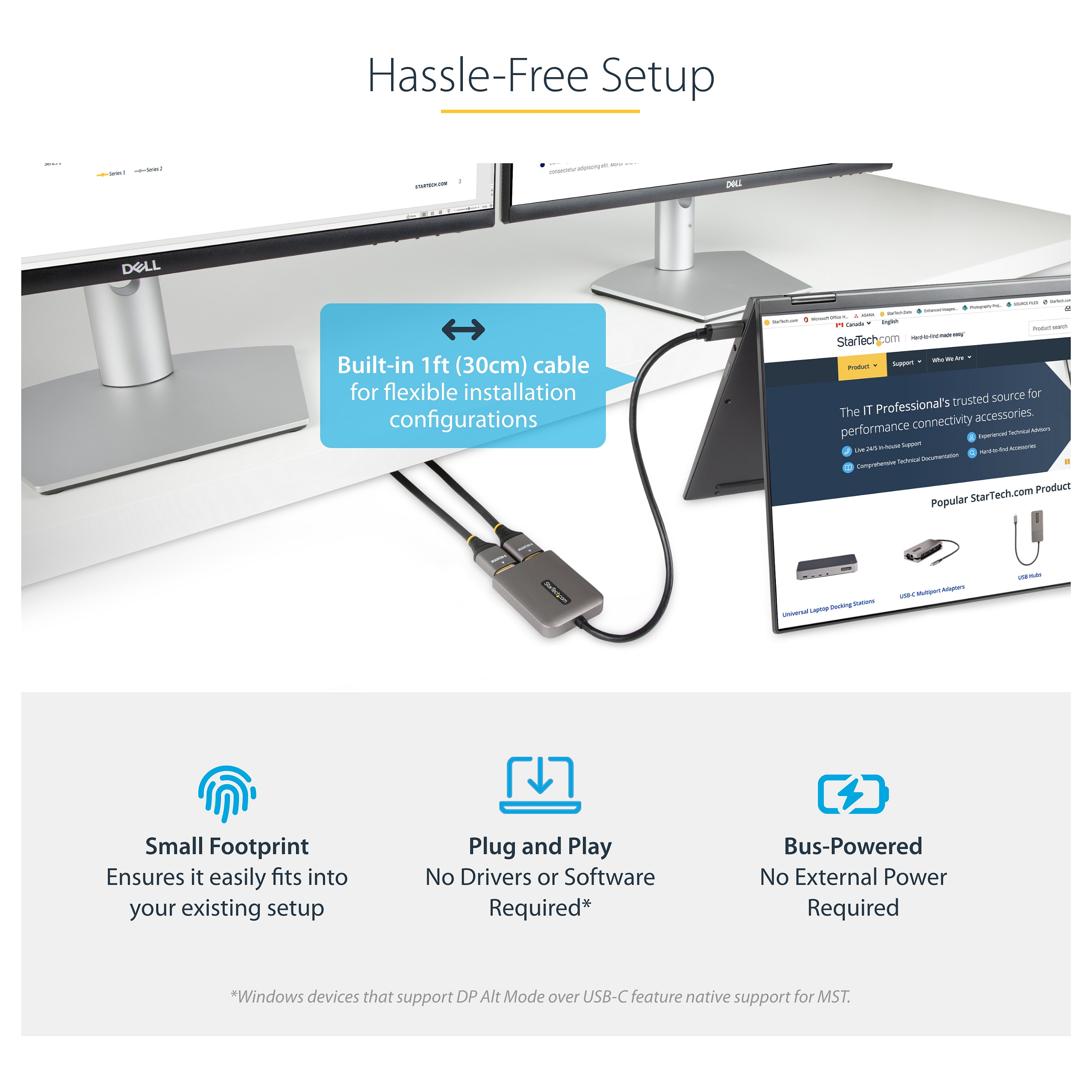 USB-C na dvostruki HDMI MST HUB STARTECH.COM (dvostruki HDMI 4K 60Hz, USB Type C višemonitorski adapter za prijenosno računalo s dužinom:1ft (30cm) kabelom ,-16