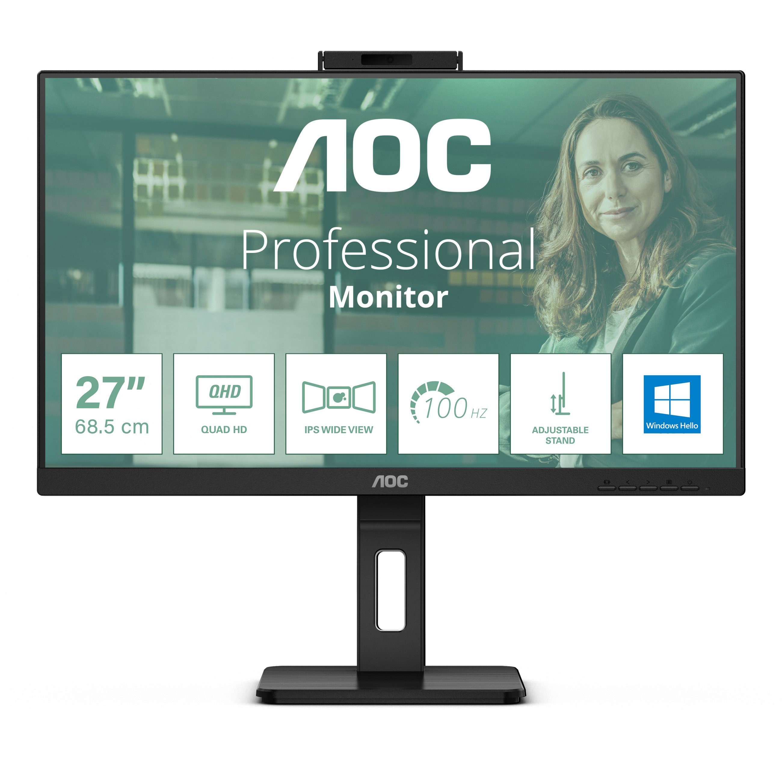 Monitor AOC Q27P3CW (27", 2560 x 1440 QHD, IPS, 350-nit svjetlina, široki kutovi gledanja 178/178°, ugrađeni zvučnici 5W + 5W, 5MP integrirana web kamera, USB-C, USB Hub, RJ-45 & DP-out)-18