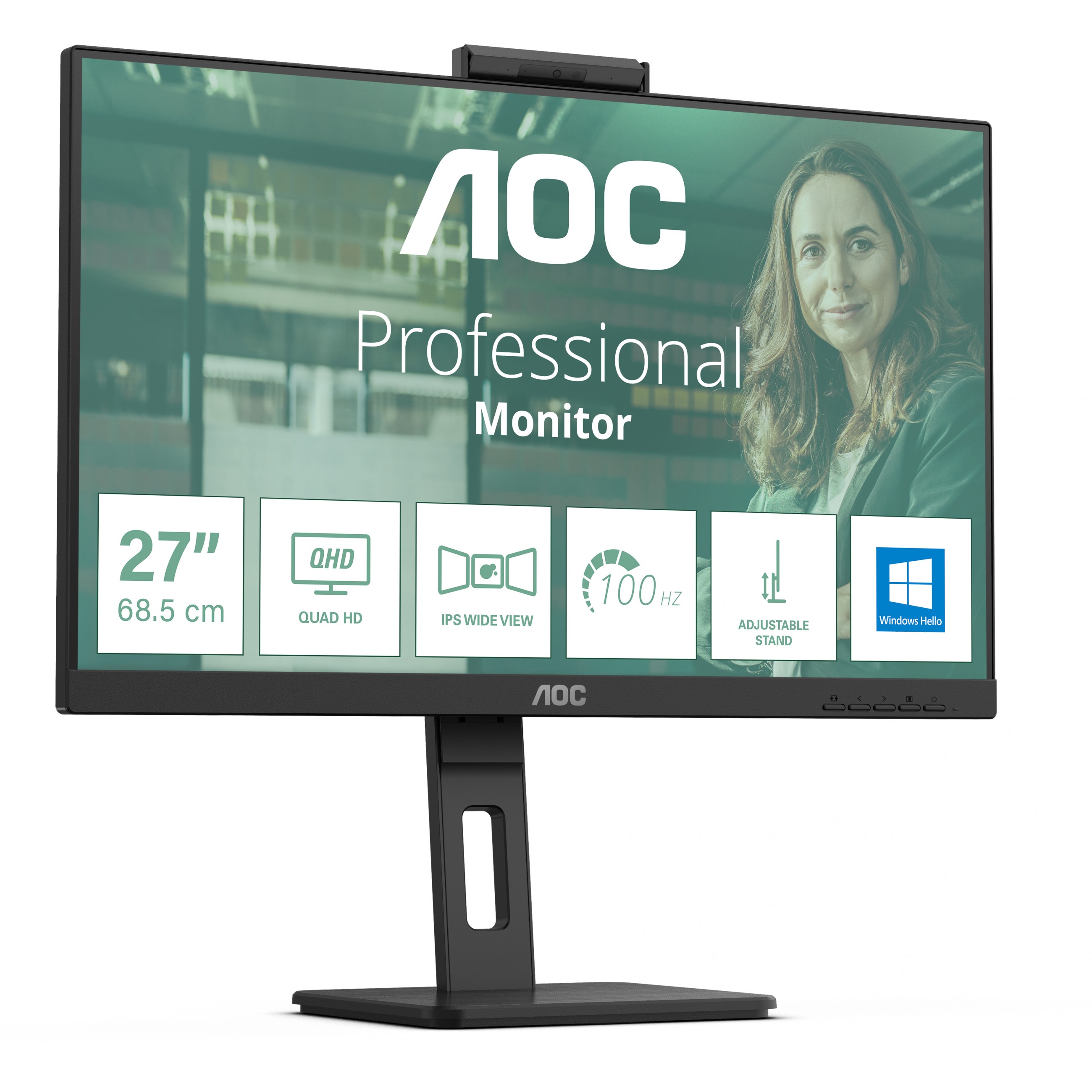 Monitor AOC Q27P3CW (27", 2560 x 1440 QHD, IPS, 350-nit svjetlina, široki kutovi gledanja 178/178°, ugrađeni zvučnici 5W + 5W, 5MP integrirana web kamera, USB-C, USB Hub, RJ-45 & DP-out)-19