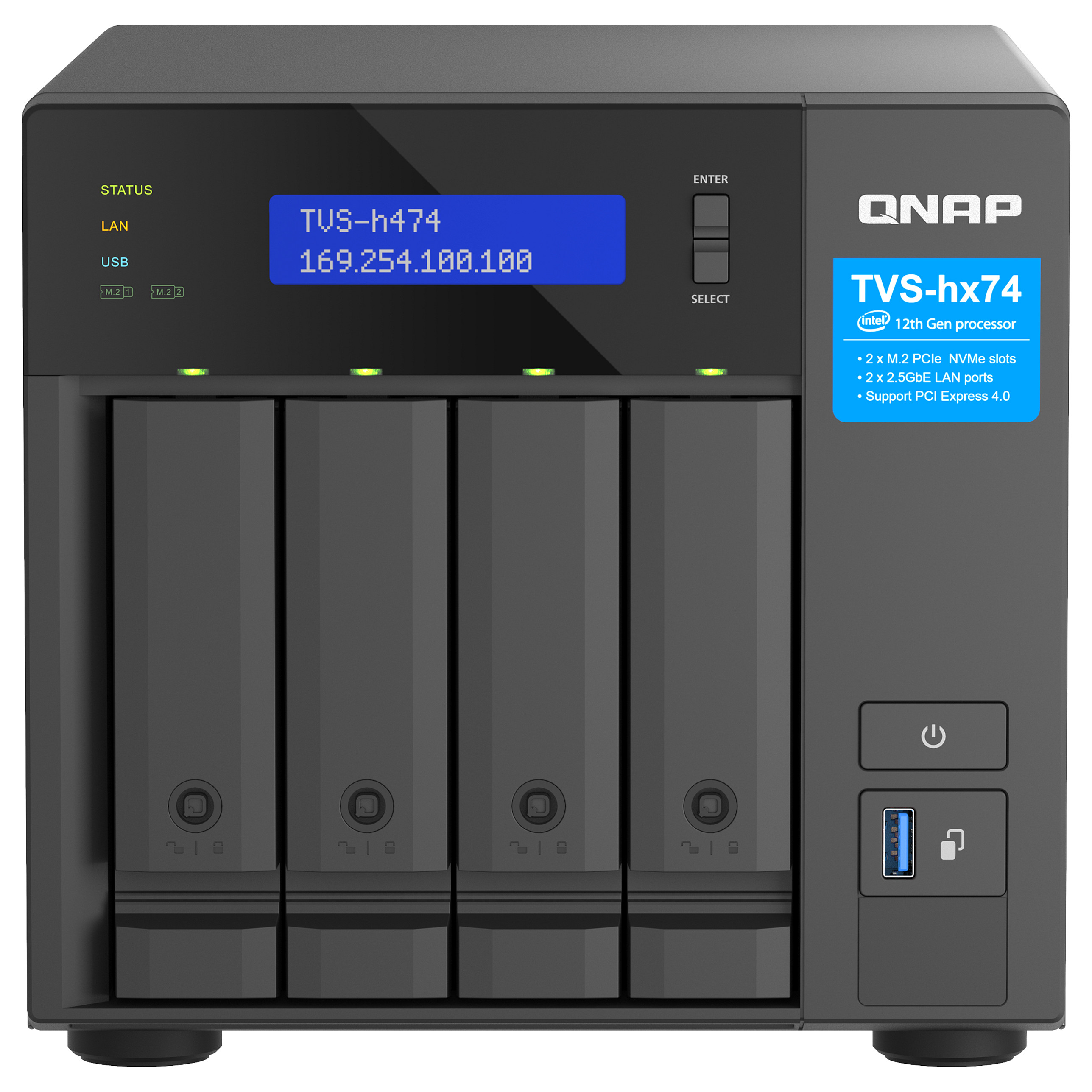 NAS QNAP TVS-H474-PT-8G (intel pentium gold g7400, 8gb so-dimm ddr4, 4 x 2.5"/3.5" sata hdd/ssd, 2 x 2.5gbe, 2x m.2 pcie gen3 x2 slots)-2