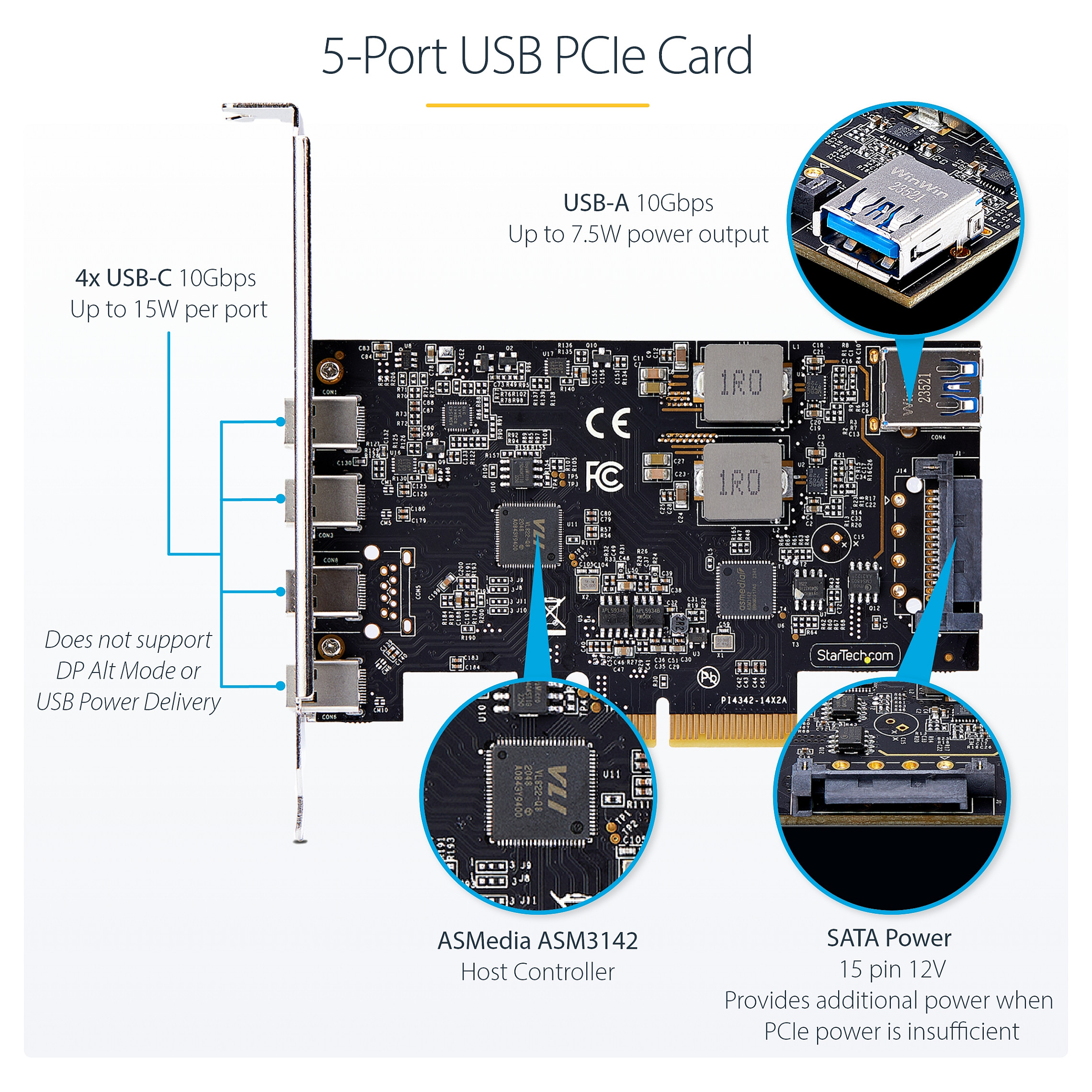 StarTech.com 5-Port USB PCIe Card, USB 3.2 10Gbps, PCI Express Card with 4x USB-C Ports, 1x USB-A Internal Port, USB PCIe Controller Card, Windows/macOS/Linux - USB adapter - PCIe 3.0 x4 - USB-C 3.2 Gen 1 x 4 + USB 3.2 Gen 1 x 1-14