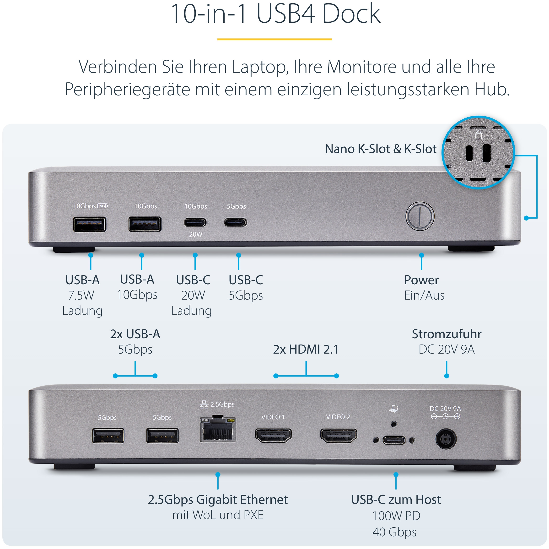 Docking station STARTECH.COM USB4 DOCKING STATION (USB-C 40 Gbps, dual video HDMI, 2x 4K 60 Hz, 6x USB, 2.5 Gigabit Ethernet, 100 W power delivery)-8