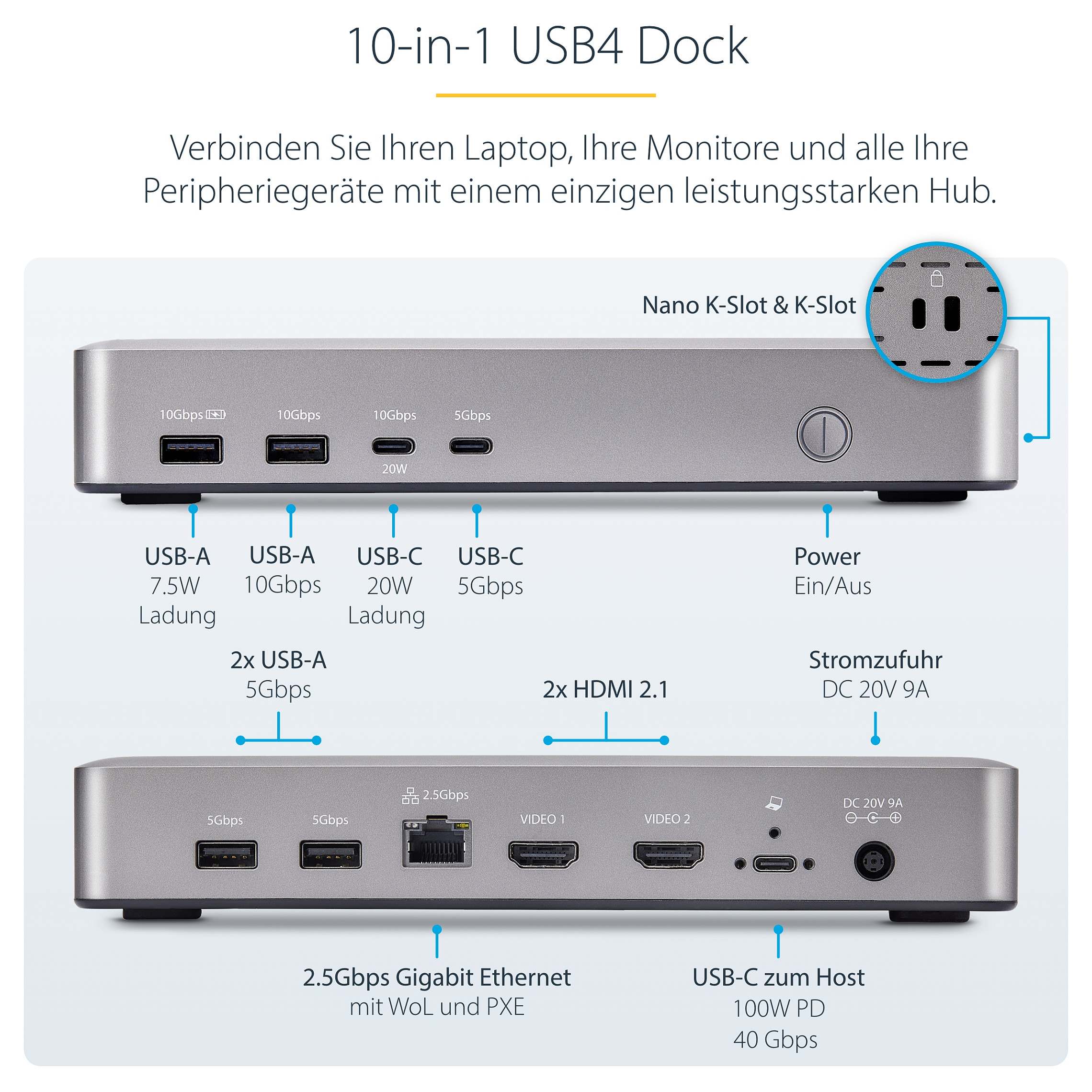 Docking station STARTECH.COM USB4 DOCKING STATION (USB-C 40 Gbps, dual video HDMI, 2x 4K 60 Hz, 6x USB, 2.5 Gigabit Ethernet, 100 W power delivery)-24