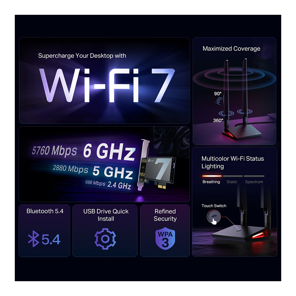 Adapter TP-LINK Archer BE9300 Wi-Fi 7 Bluetooth 5.4 PCIe-4