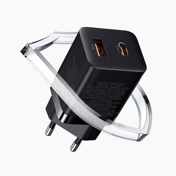 Adapter BASEUS Super Si Quick Charger 30W, 1x USB-A, 1xUSB-C, Black, CCSUPP-E01-3