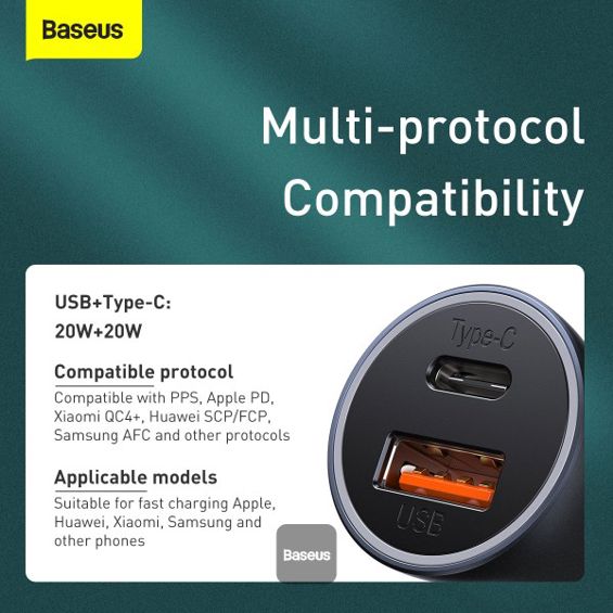 Auto punjač BASEUS, CCJD-0G, Dual, 40W, 1xUSB-A, 1xUSB-C, Dark Grey-3