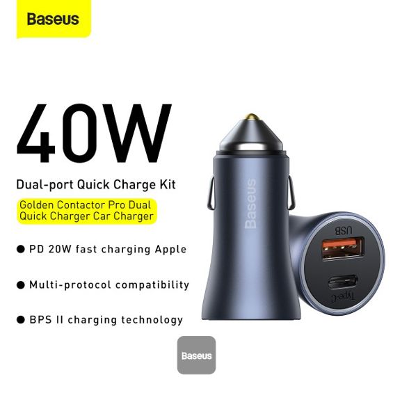 Auto punjač BASEUS, CCJD-0G, Dual, 40W, 1xUSB-A, 1xUSB-C, Dark Grey-2