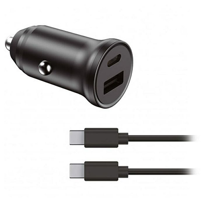 Auto punjač KSIX, USB-A i USB-C + kabel, PD 20W, 1m, ultra brzi crni