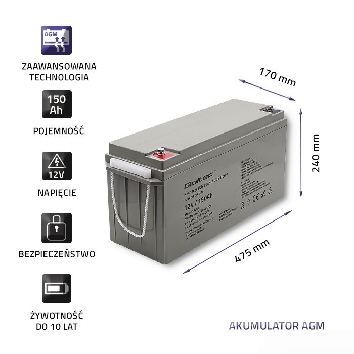 Qoltec 53068 AGM battery | 12V | 150Ah | max. 2250A-3