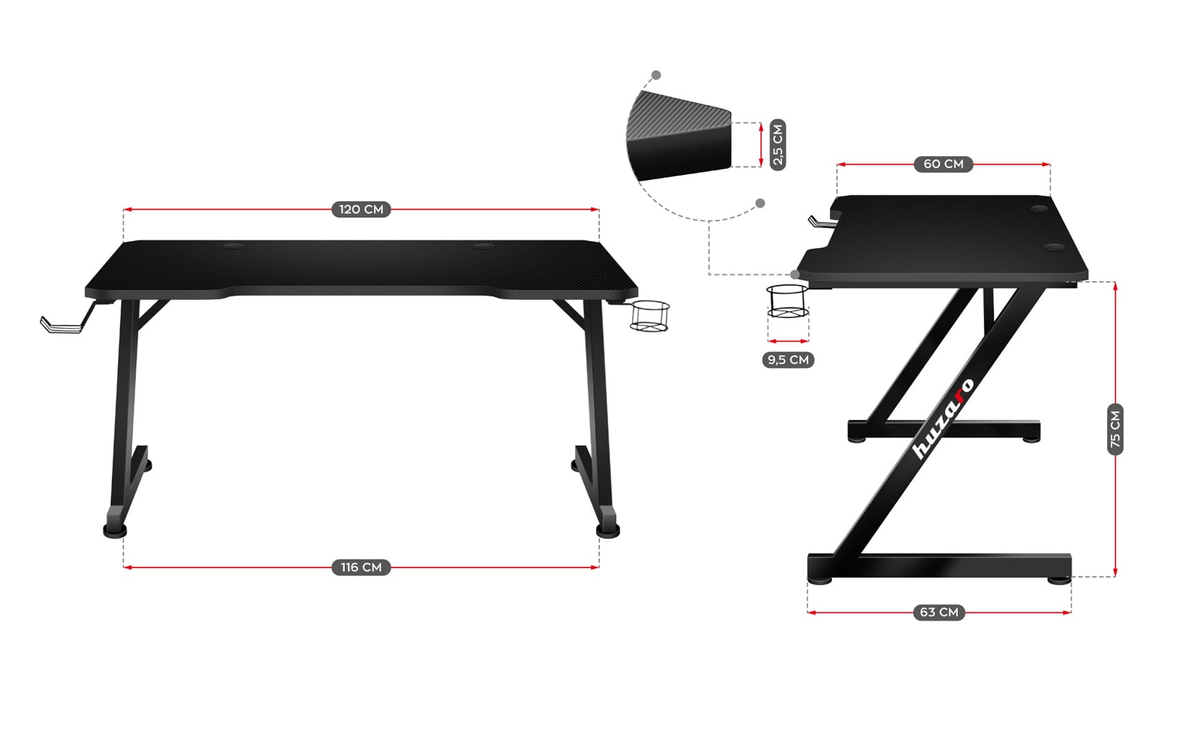 Gaming stol HUZARO Hero 2.5 (120×60 cm, Carbon Flex, nosači za slušalice i piće)-6