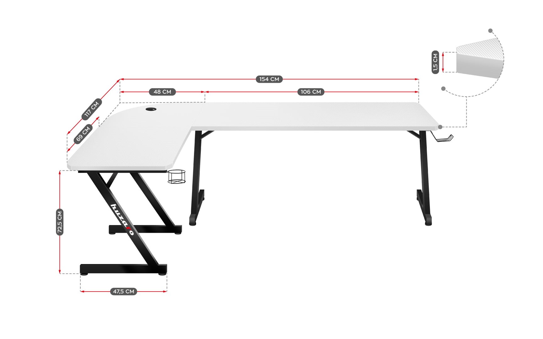 Gaming stol HUZARO Hero 7.0 White (154 × 117 cm, kutni, držač za slušalice, držač za čašu, bijeli)-4