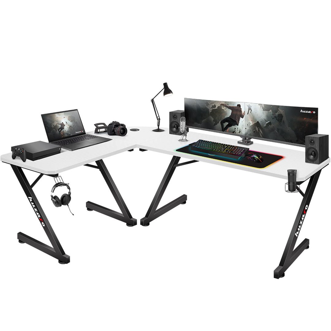 Gaming stol HUZARO Hero 7.0 White (154 × 117 cm, kutni, držač za slušalice, držač za čašu, bijeli)-1