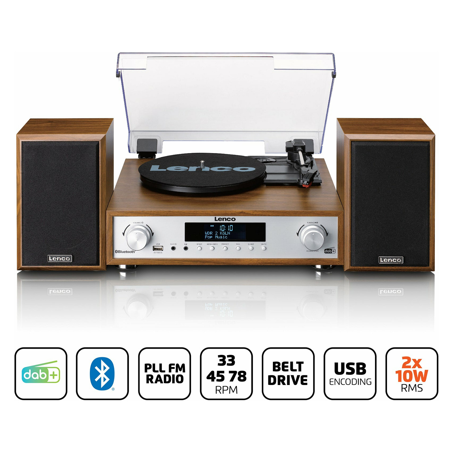 Gramofon LENCO MC-160WD, sa HiFi Stereo sustavom 2x10W, DAB, DAB+, FM radio, Bluetooth®5.0, RCA izlaz, AUX ulaz, USB-A PC kodiranje, 33,45 i 75 RPM, daljinski upravljač-3