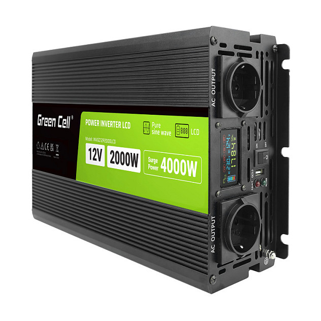 Inverter za auto GREEN CELL PowerInverter LCD 12V 2000W/40000W, with display - pure sine wave