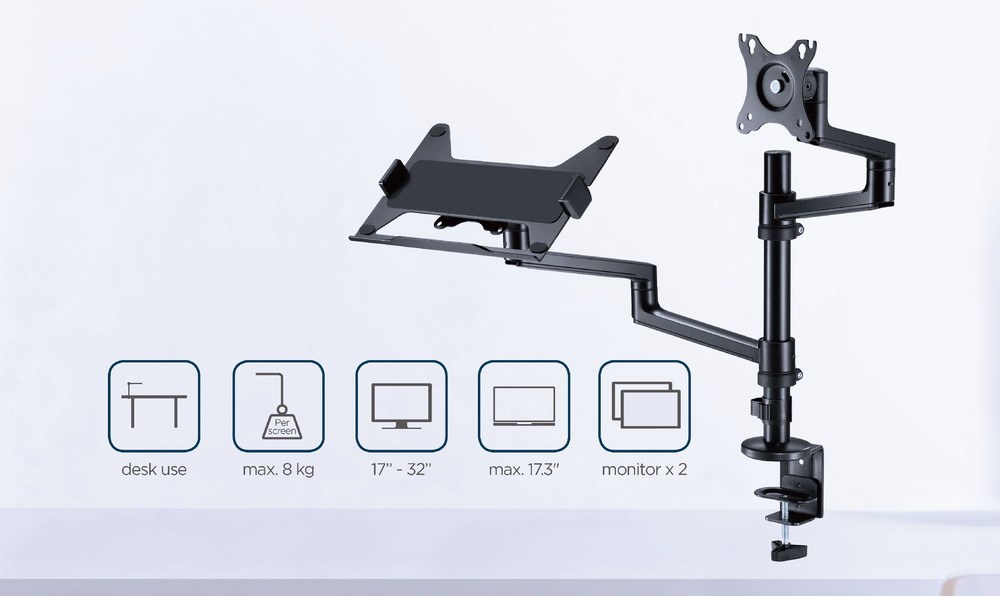 Nosač s rukom za monitor i policom za laptop GEMBIRD MA-DA-04 (stolni, podesivi, 17”-32”, do 8 kg)-18