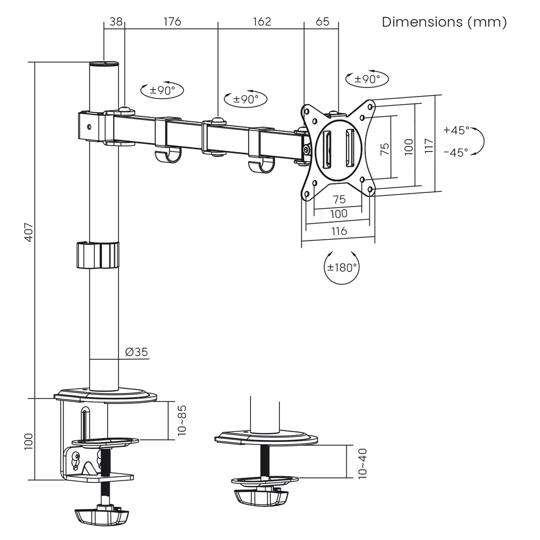 Maclean MC-753N LCD Monitor Desk Mount 17-32" 9kg VESA 75x75 100x100 Single Arm Extendable Adjustable-1