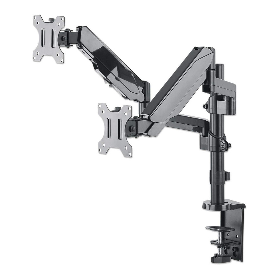 Manhattan TV & Monitor Mount, Desk, Full Motion (Gas Spring), 2 screens, Screen Sizes: 10-27", Black, Clamp or Grommet Assembly, Dual Screen, VESA 75x75 to 100x100mm, Max 8kg (each), Lifetime Warranty-2