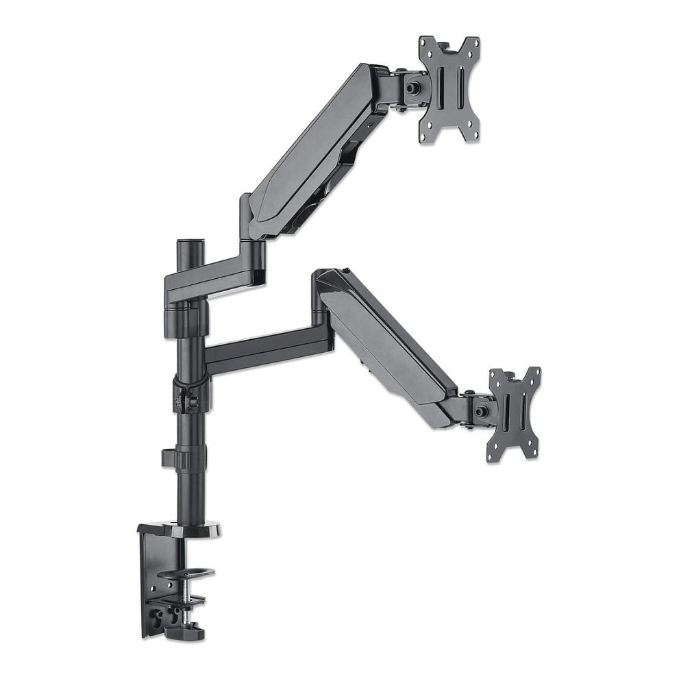 Manhattan TV & Monitor Mount, Desk, Full Motion (Gas Spring), 2 screens, Screen Sizes: 10-27", Black, Clamp or Grommet Assembly, Dual Screen, VESA 75x75 to 100x100mm, Max 8kg (each), Lifetime Warranty-3