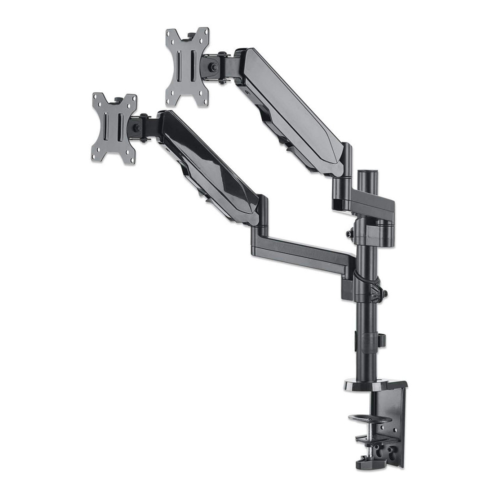 Manhattan TV & Monitor Mount, Desk, Full Motion (Gas Spring), 2 screens, Screen Sizes: 10-27", Black, Clamp or Grommet Assembly, Dual Screen, VESA 75x75 to 100x100mm, Max 8kg (each), Lifetime Warranty-5