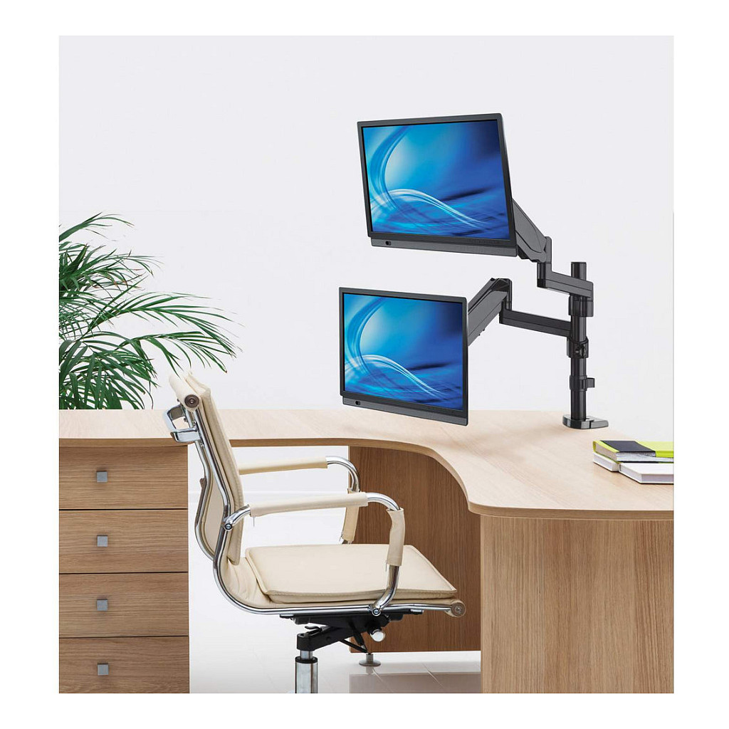 Manhattan TV & Monitor Mount, Desk, Full Motion (Gas Spring), 2 screens, Screen Sizes: 10-27", Black, Clamp or Grommet Assembly, Dual Screen, VESA 75x75 to 100x100mm, Max 8kg (each), Lifetime Warranty-7