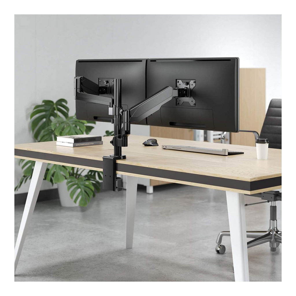 Manhattan TV & Monitor Mount, Desk, Full Motion (Gas Spring), 2 screens, Screen Sizes: 10-27", Black, Clamp or Grommet Assembly, Dual Screen, VESA 75x75 to 100x100mm, Max 8kg (each), Lifetime Warranty-8