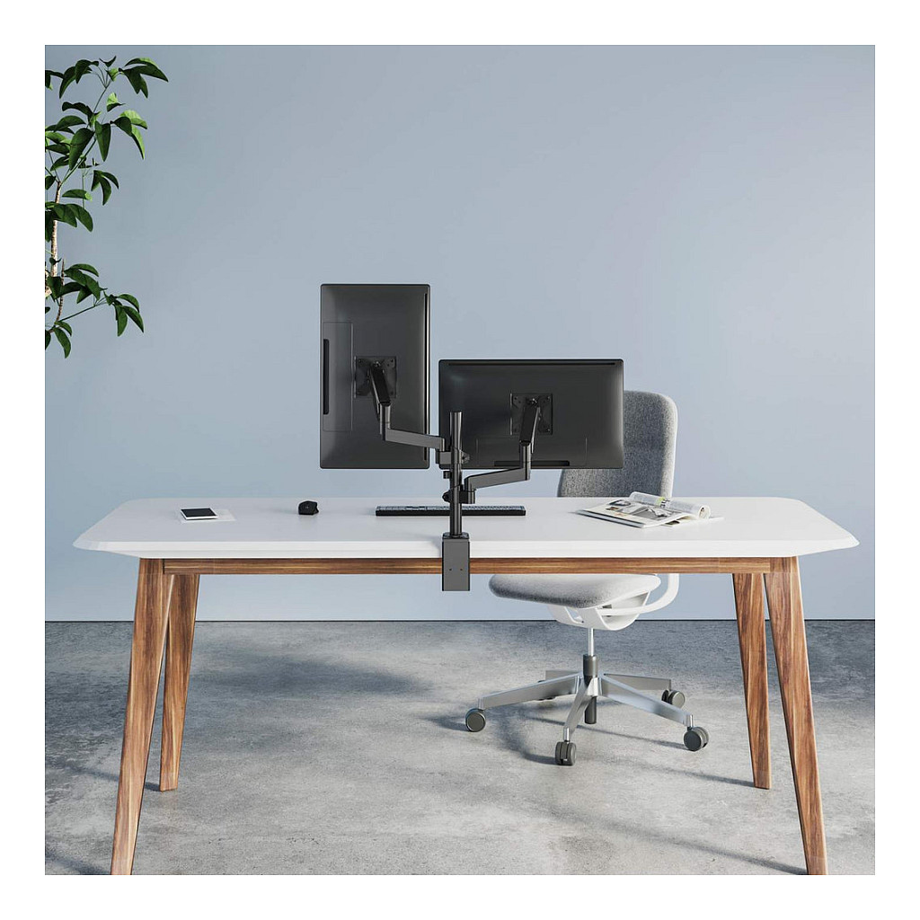 Manhattan TV & Monitor Mount, Desk, Full Motion (Gas Spring), 2 screens, Screen Sizes: 10-27", Black, Clamp or Grommet Assembly, Dual Screen, VESA 75x75 to 100x100mm, Max 8kg (each), Lifetime Warranty-9