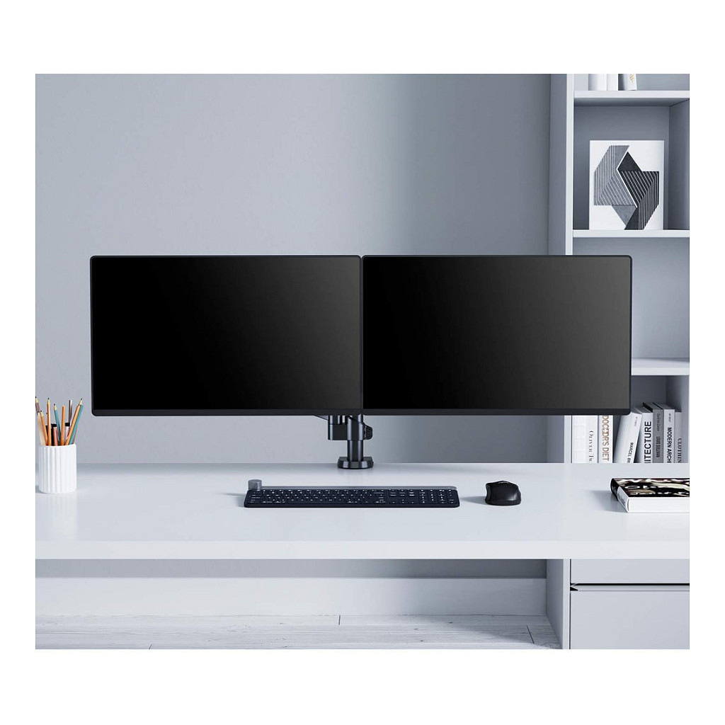 Manhattan TV & Monitor Mount, Desk, Full Motion (Gas Spring), 2 screens, Screen Sizes: 10-27", Black, Clamp or Grommet Assembly, Dual Screen, VESA 75x75 to 100x100mm, Max 8kg (each), Lifetime Warranty-11