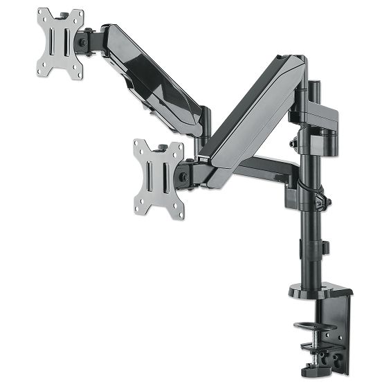 Manhattan TV & Monitor Mount, Desk, Full Motion (Gas Spring), 2 screens, Screen Sizes: 10-27", Black, Clamp or Grommet Assembly, Dual Screen, VESA 75x75 to 100x100mm, Max 8kg (each), Lifetime Warranty-10