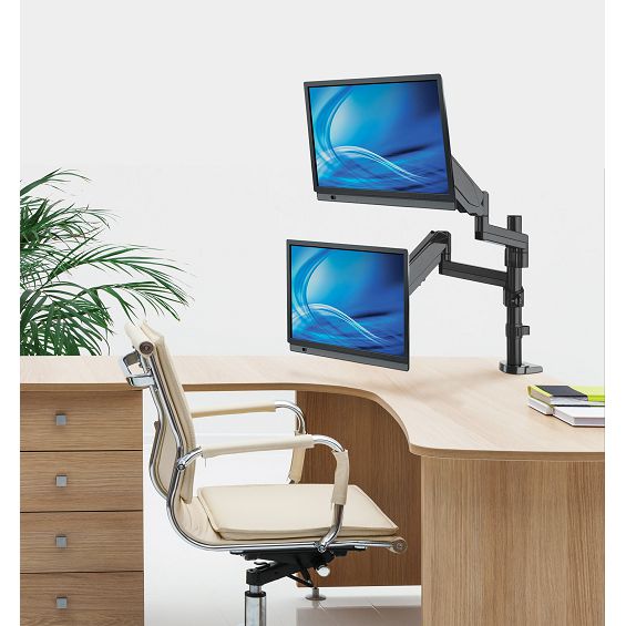 Manhattan TV & Monitor Mount, Desk, Full Motion (Gas Spring), 2 screens, Screen Sizes: 10-27", Black, Clamp or Grommet Assembly, Dual Screen, VESA 75x75 to 100x100mm, Max 8kg (each), Lifetime Warranty-12