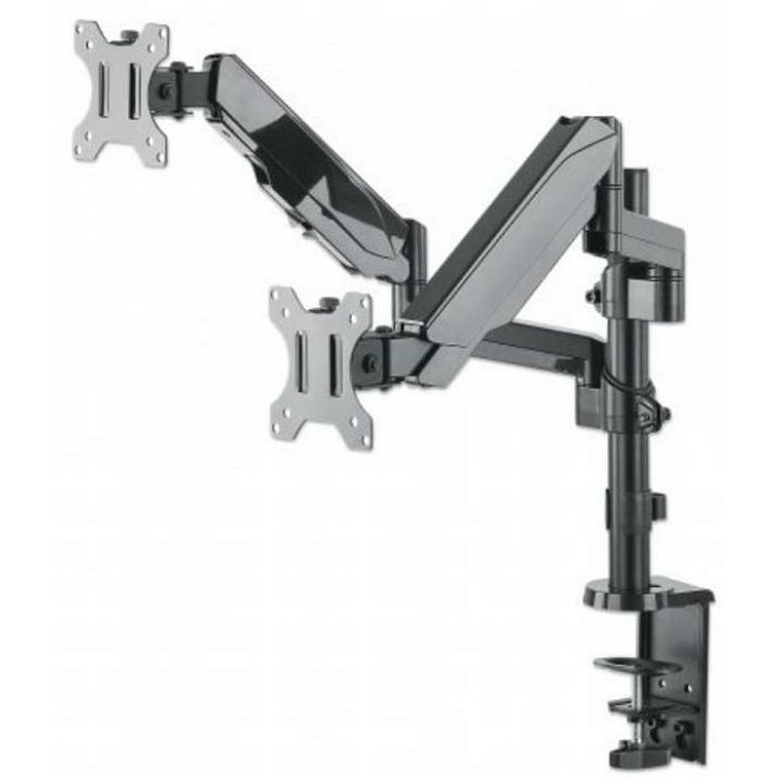 Manhattan TV & Monitor Mount, Desk, Full Motion (Gas Spring), 2 screens, Screen Sizes: 10-27", Black, Clamp or Grommet Assembly, Dual Screen, VESA 75x75 to 100x100mm, Max 8kg (each), Lifetime Warranty