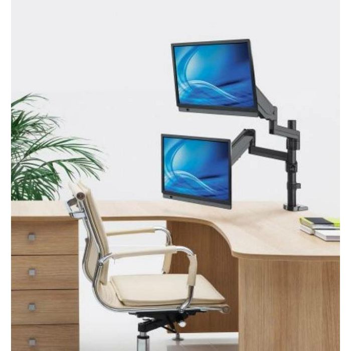 Manhattan TV & Monitor Mount, Desk, Full Motion (Gas Spring), 2 screens, Screen Sizes: 10-27", Black, Clamp or Grommet Assembly, Dual Screen, VESA 75x75 to 100x100mm, Max 8kg (each), Lifetime Warranty-1