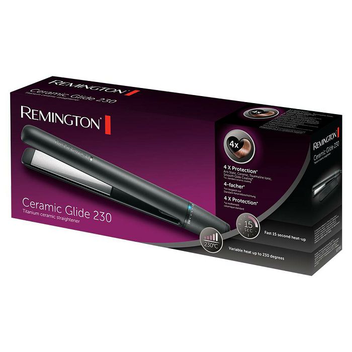 Pegla za kosu REMINGTON Ceramic Glide 230 S3700 (anti-static keramičko-titan-turmalin ionsko premaz, 8 razina temperature 150–230 °C, digitalni zaslon s twist-dial kontrolom, plutajuće ploče 110 mm, sigurnosni lock, džepica, rotirajući kabel)-1