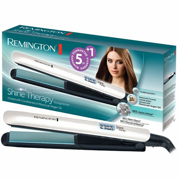 Pegla za kosu REMINGTON S8500 Shine Therapy (Advanced Ceramic ploče infuzirane arganovim uljem i vitaminom E, plutajuće 110 mm ploče, digitalni zaslon, 9 temperatura 150–230 °C, turbo boost, temperature lock, automatsko isključivanje, rotirajući kabel)-2