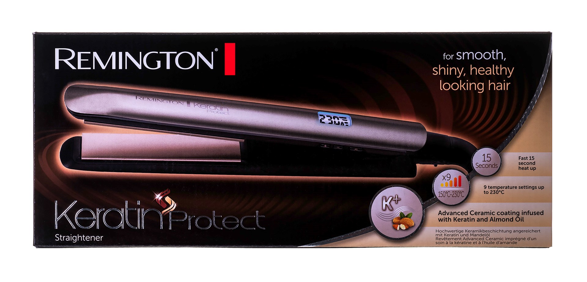Pegla za kosu REMINGTON S8540 Keratin Protect (advanced keratin & badem ulje keramika, 9 temperatura 150–230 °C, brzo zagrijavanje 15 s, digitalni zaslon, auto-off)-7