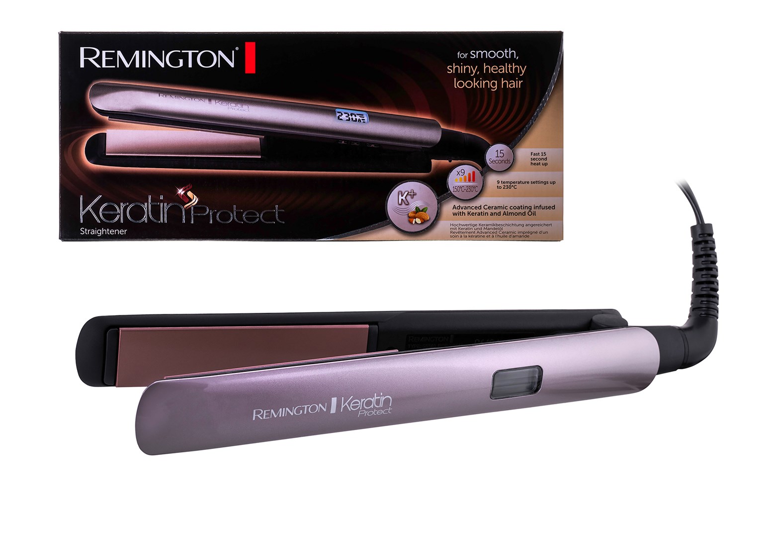 Pegla za kosu REMINGTON S8540 Keratin Protect (advanced keratin & badem ulje keramika, 9 temperatura 150–230 °C, brzo zagrijavanje 15 s, digitalni zaslon, auto-off)-2