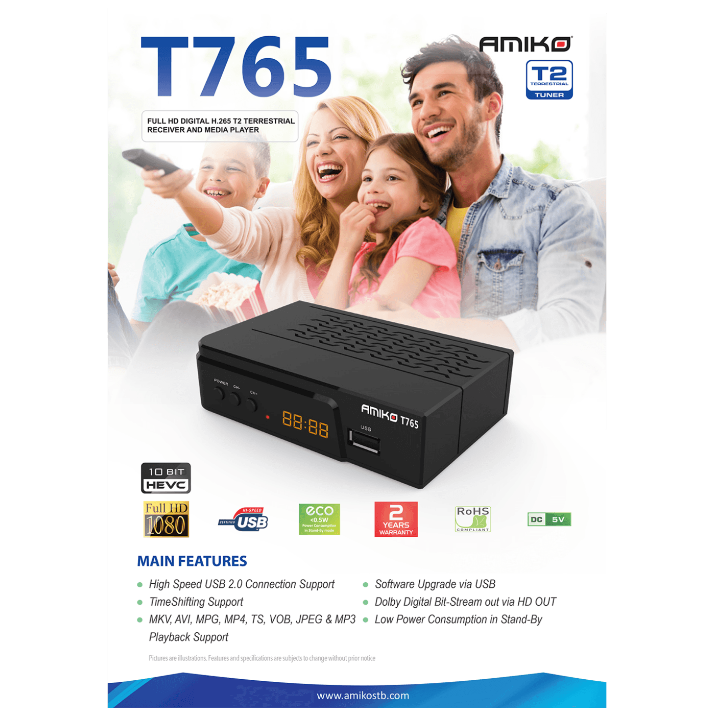 Prijemnik DVB-T2 AMIKO DVB-T2, H.265, Media Player,USB - T765-6
