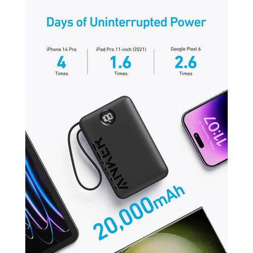 Prijenosna baterija ANKER 335 20K (s ugrađenim USB-C kabelom, crna)-6