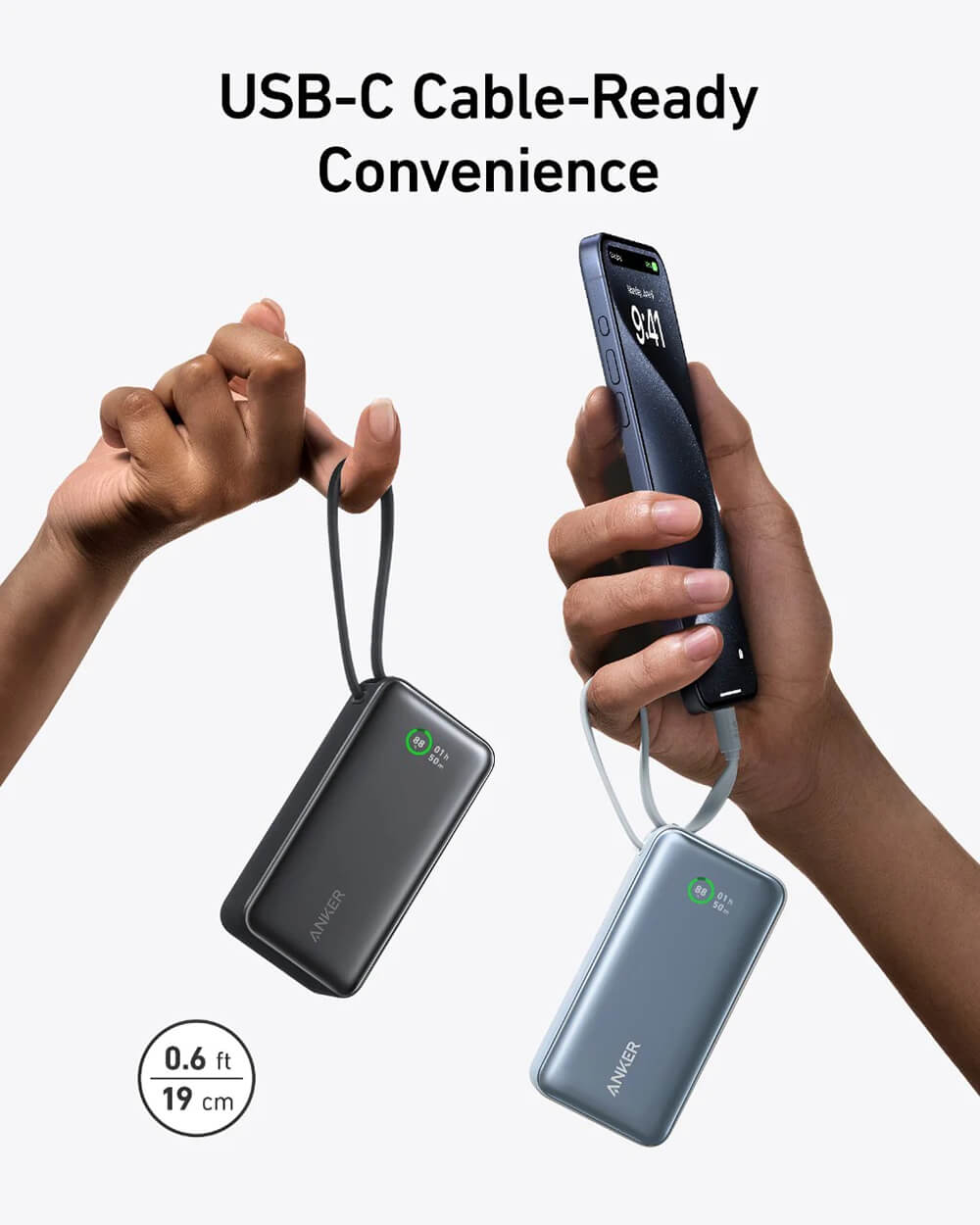 Prijenosna baterija ANKER 545 Nano (10000 mAh, 30 W, ugrađeni USB-C kabel, crni)