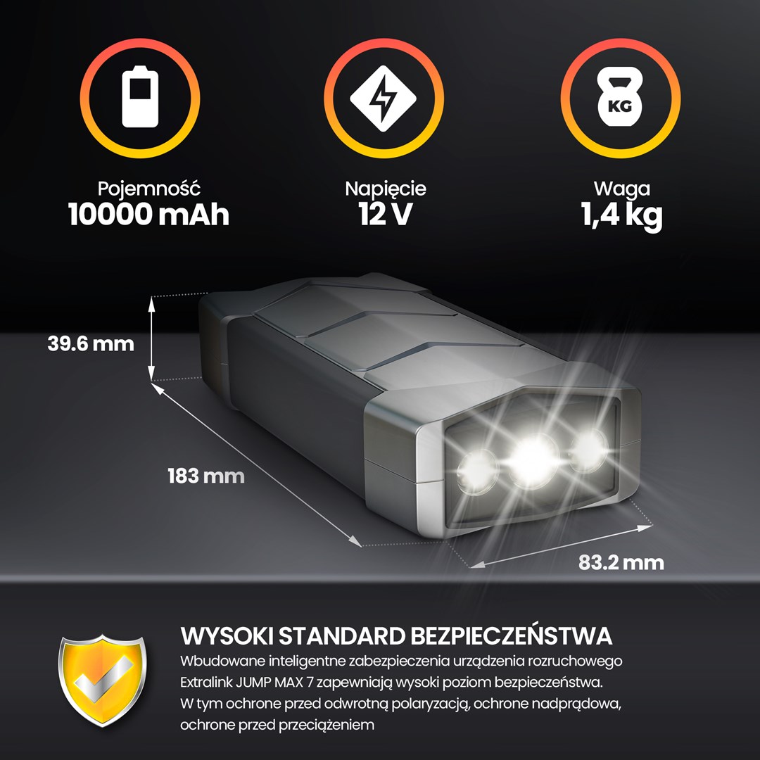 Prijenosna baterija za pokretanje automobila EXTRALINK Jump Max7 (10000mAh, 3x LED svjetiljka, kompas, čekić)-21