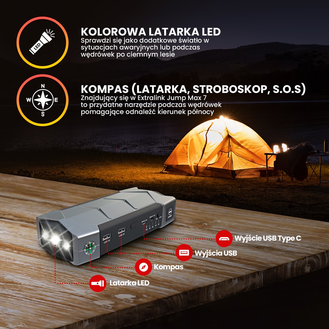 Prijenosna baterija za pokretanje automobila EXTRALINK Jump Max7 (10000mAh, 3x LED svjetiljka, kompas, čekić)-0