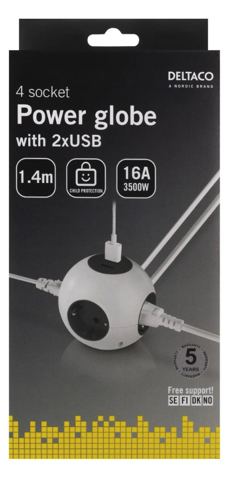Produžna letva DELTACO Power globe GT-292 (2xUSB-A 2.1A, 4 utičnice, kabel 1.4 m bijeli)-0