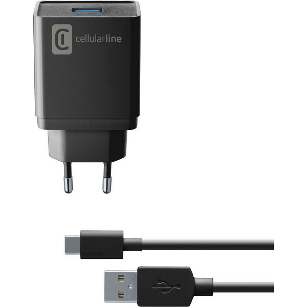 Punjač CELLULARLINE, 12W, 1xUSB-C, USB-A/ USB-C kabel crni-0