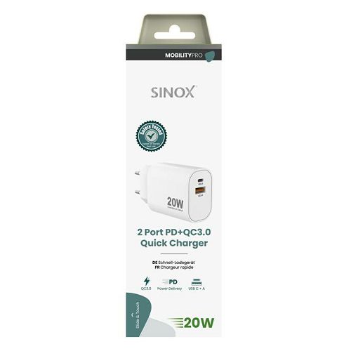 Punjač SINOX PRO Mobility (USB-A+USB-C 20W) bijeli-1